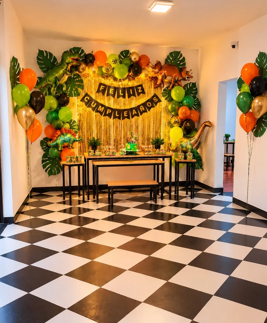 Rincón de la torta ambientado con globos, hojas y cartel de feliz cumpleaños